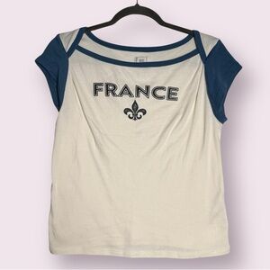 BDG Urban Outfitters Cream and Blue France Fleur De Lis T Shirt 90s Size XL